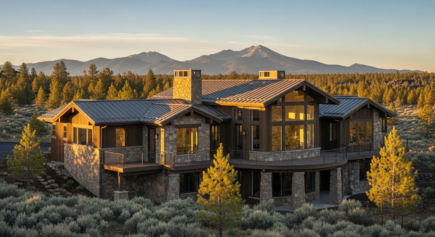 Mountain contemporary luxury custom home exterior with Cascade views in Bend Oregon