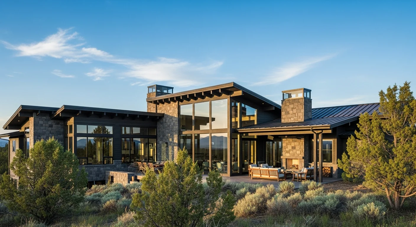 Central Oregon luxury home with dark wood and basalt stone exterior