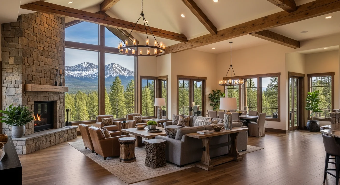 Open-concept great room with timber beams and Cascade mountain views