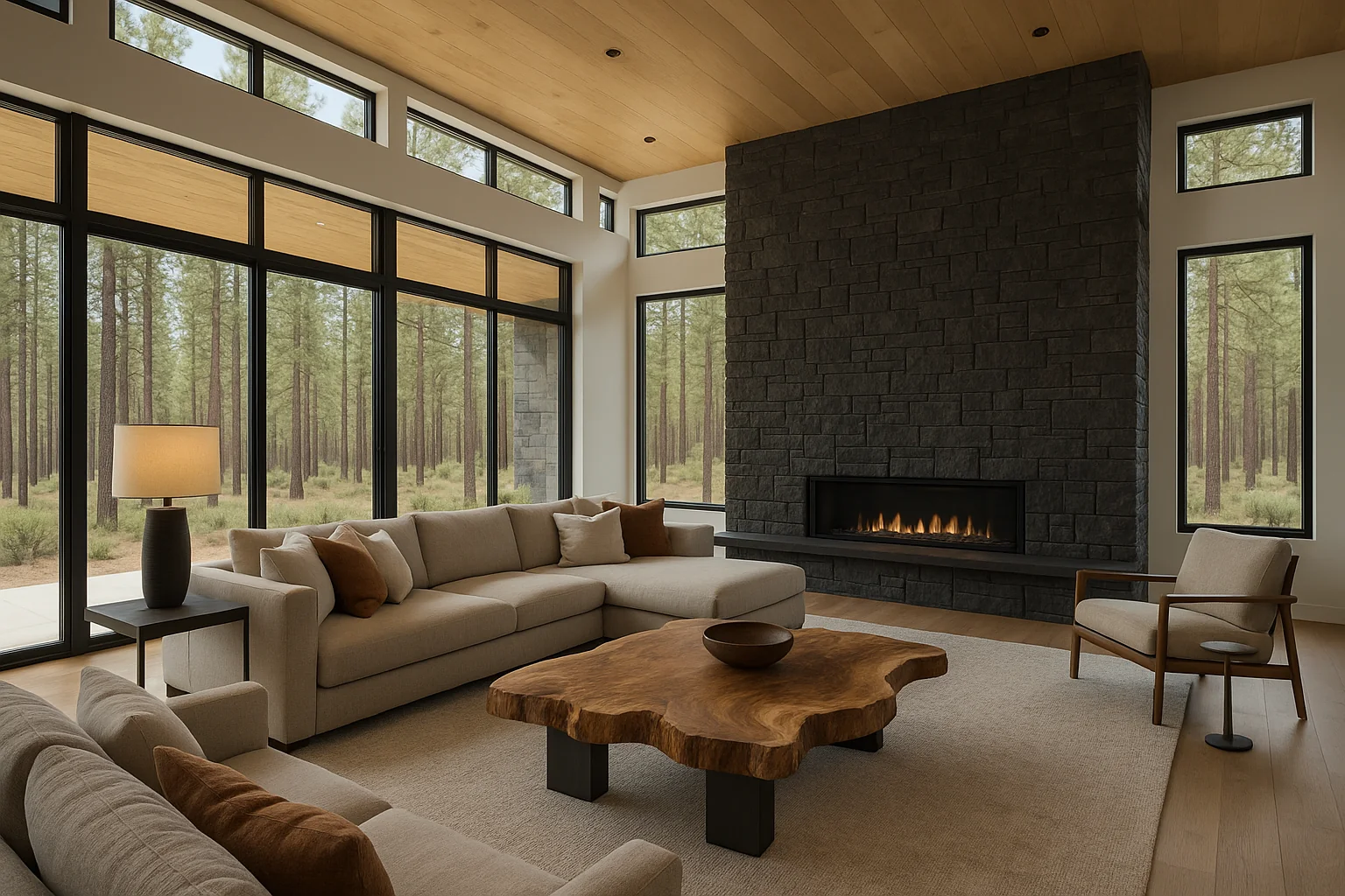Luxury great room with floor-to-ceiling windows