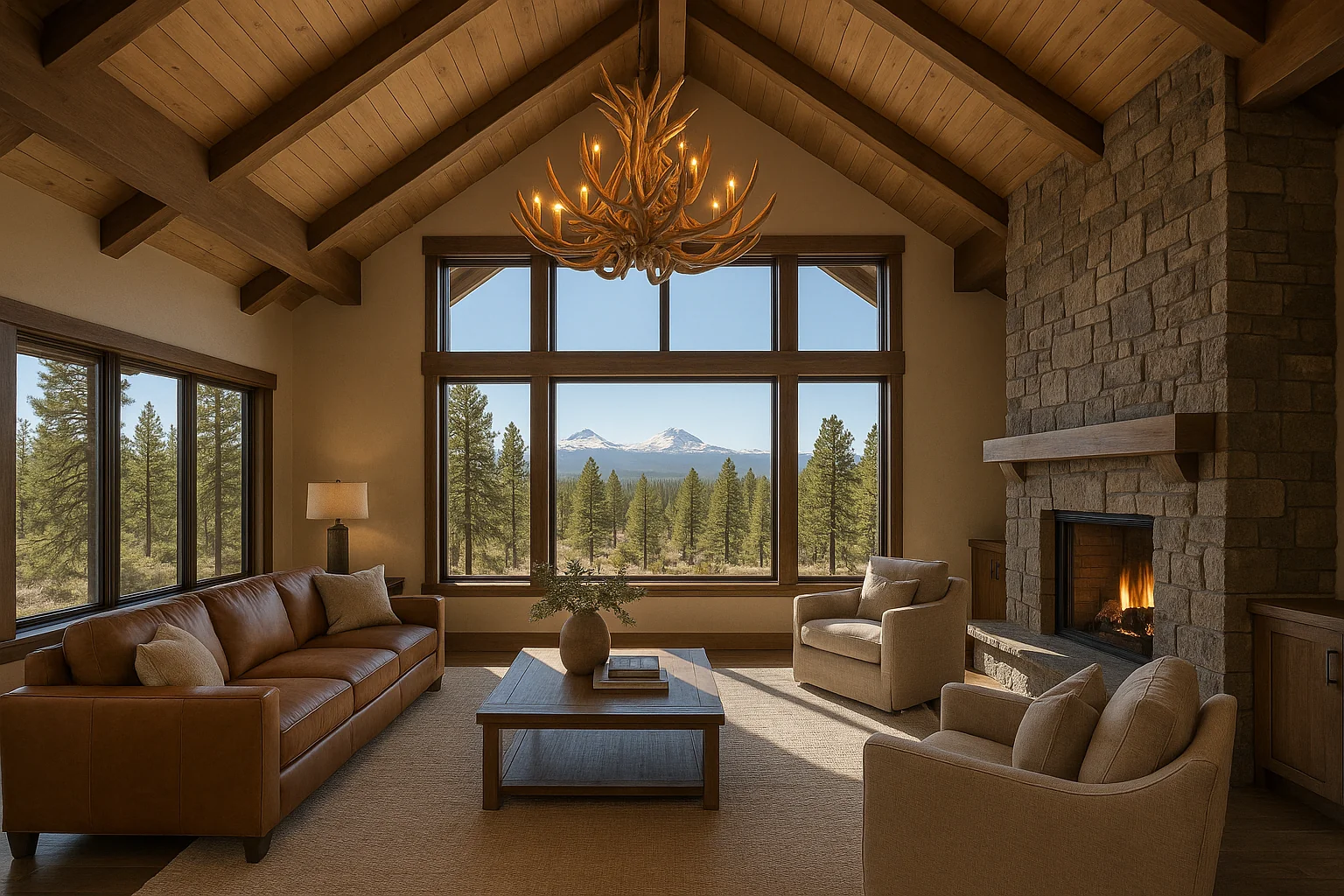 Custom home great room with stone fireplace