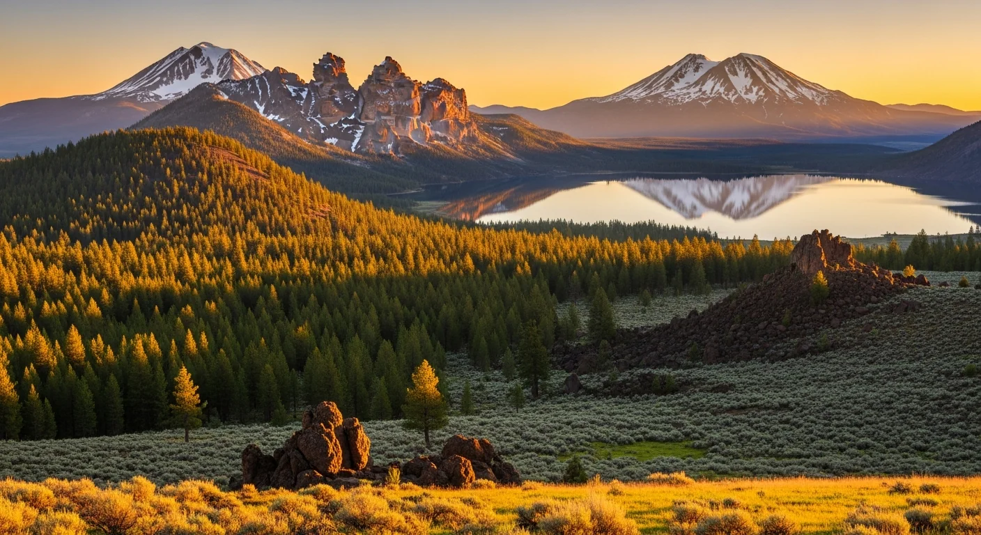 Three Sisters Cascade Range reflected in alpine lake Central Oregon sunset