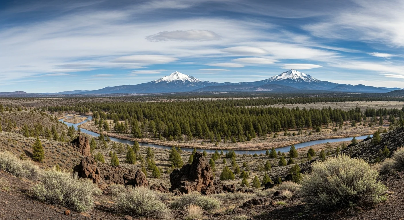 Bend Oregon Mt. Bachelor and Cascade mountains panorama with ponderosa pine forest