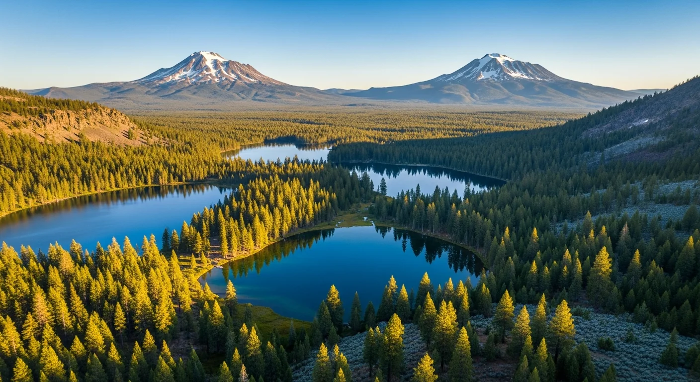 Central Oregon Cascade Lakes aerial view with volcanic peaks