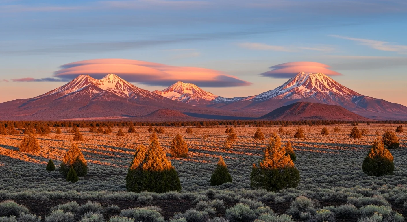 Three Sisters and Broken Top sunrise over Central Oregon high desert Sisters Oregon